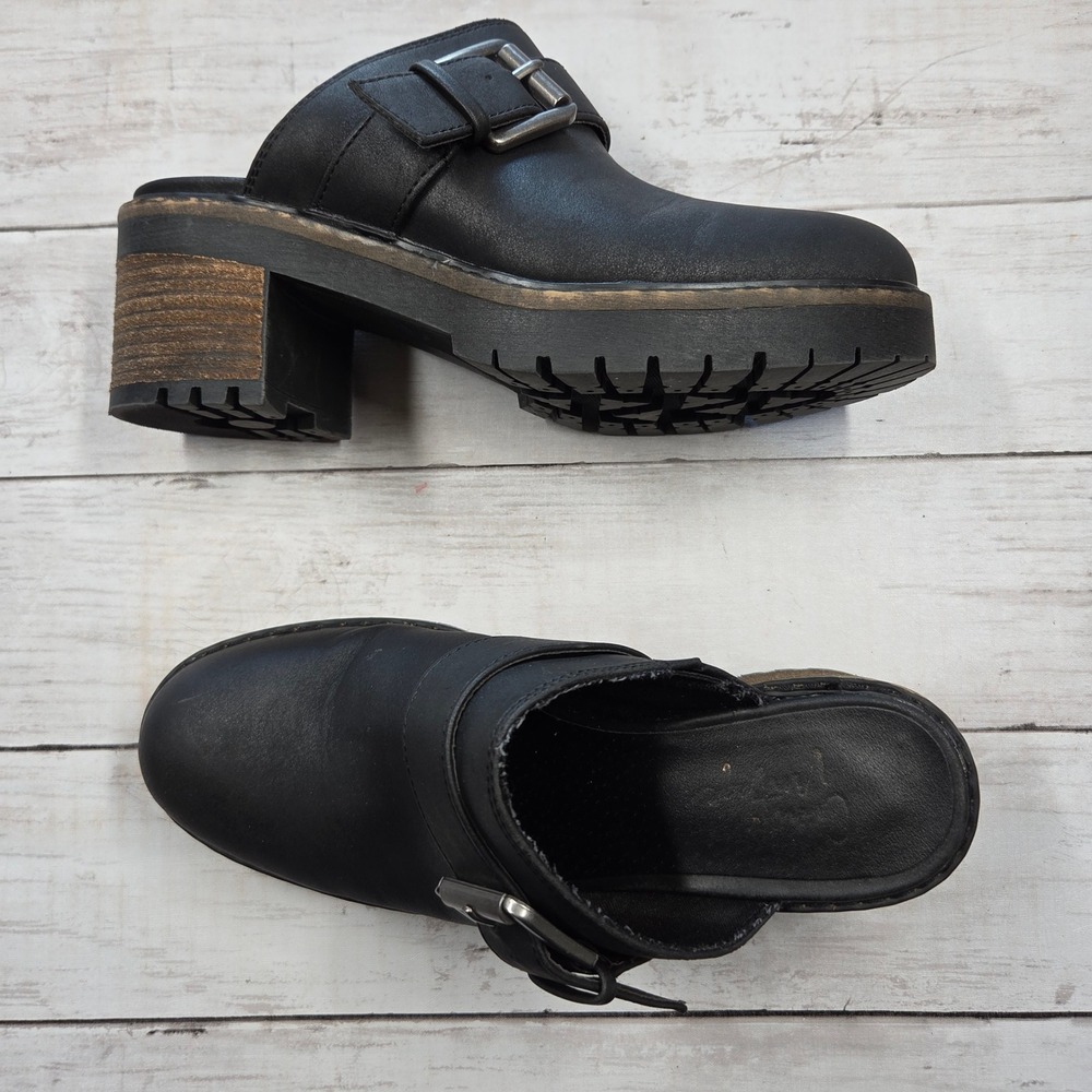 Crown Vintage Janis Platform Mules Womens 6M‎ Black Buckle Lug Sole Block Heel
